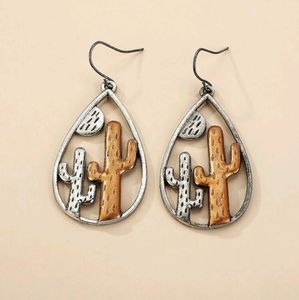 Western silver & copper cactus teardrop earrings